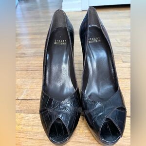 Stuart Weitzman Dark Brown Peep-Toe Platform Heels